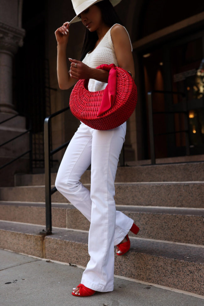 fashion blogger wearing white denim by scoop at walmart