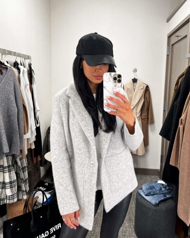 fashion blogger mia mia mine wearing a gray vince cardigan from the nsale 2022