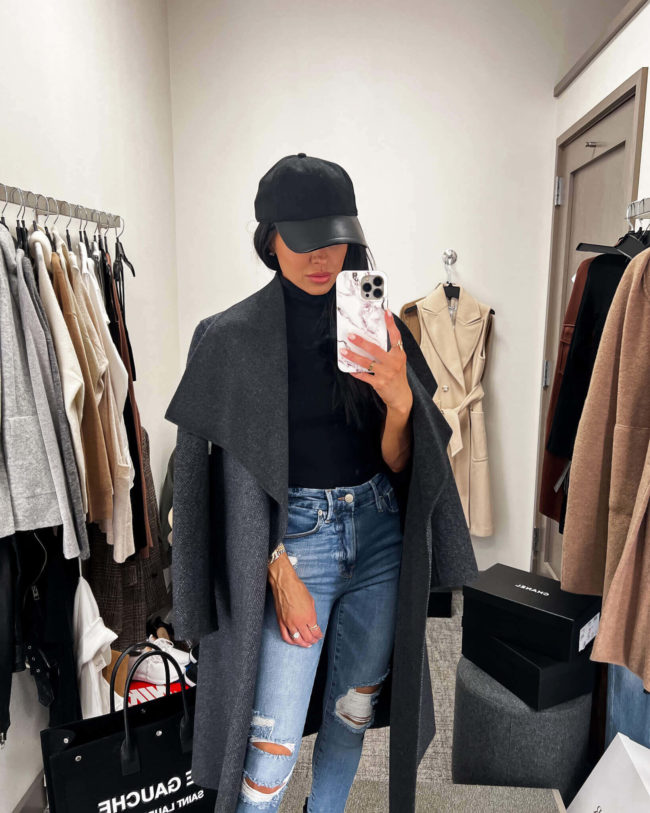 fashion blogger mia mia mine wearing a gray coat from the nsale 2022