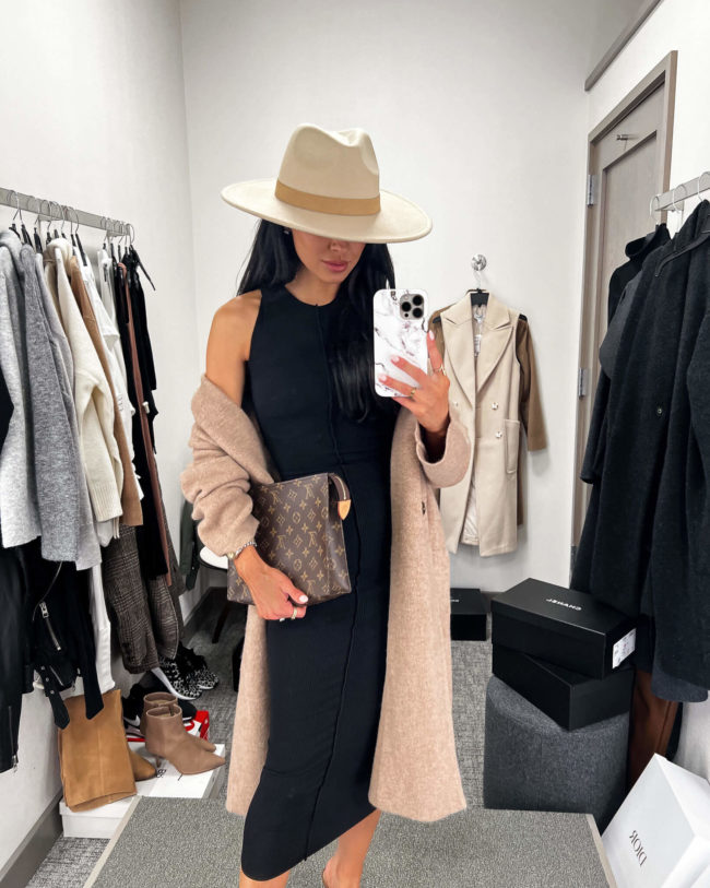 fashion blogger mia mia mine wearing a camel cardigan from the nsale 2022