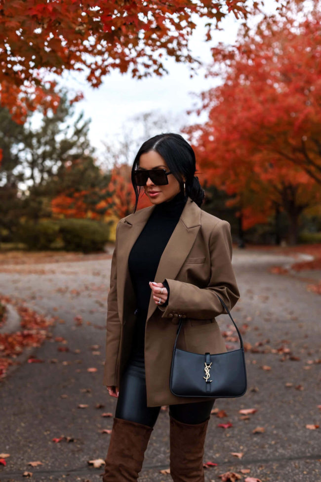 fashion blogger mia mia mine wearing a blazer from nordstrom and commando leather leggings