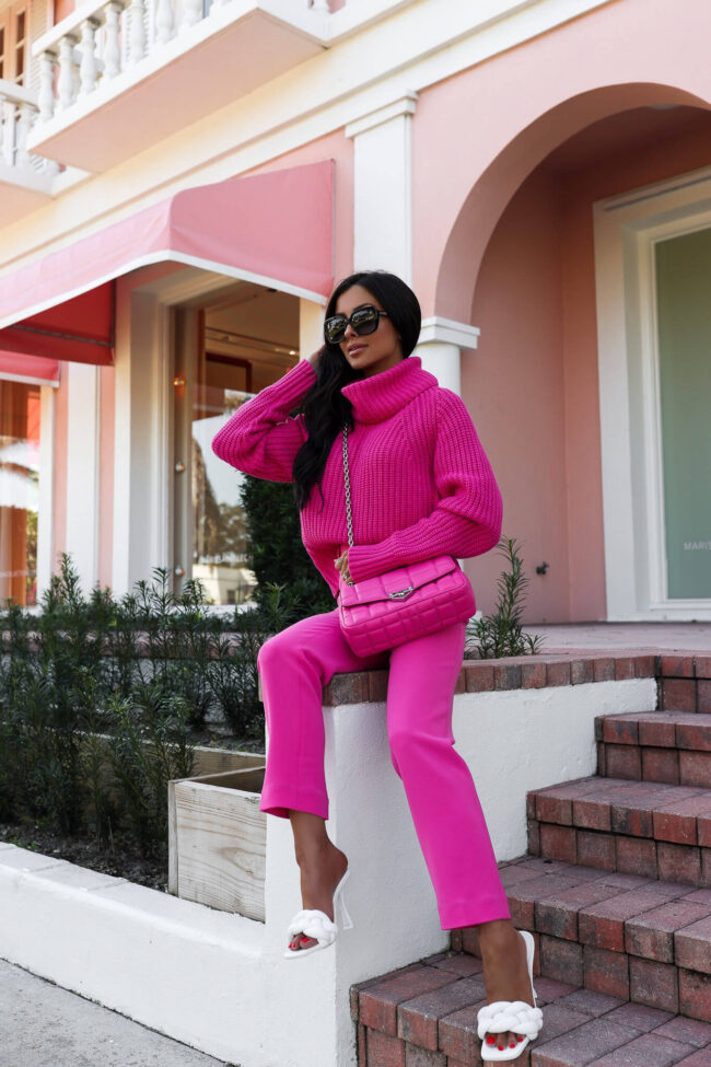fashion blogger wearing a monochromatic pink look from michael kors