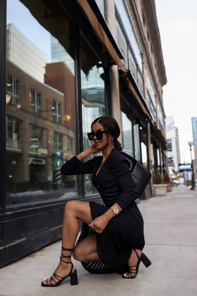 fashion blogger mia mia mine wearing a black knit skirt and matching set from walmart
