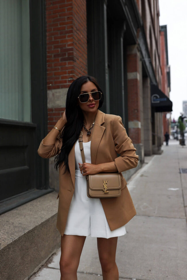 fashion blogger wearing a camel blazer from nordstrom