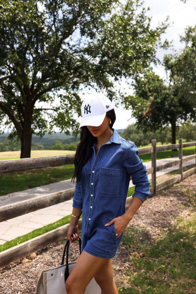 fashion blogger wearing a denim jumpsuit for summer