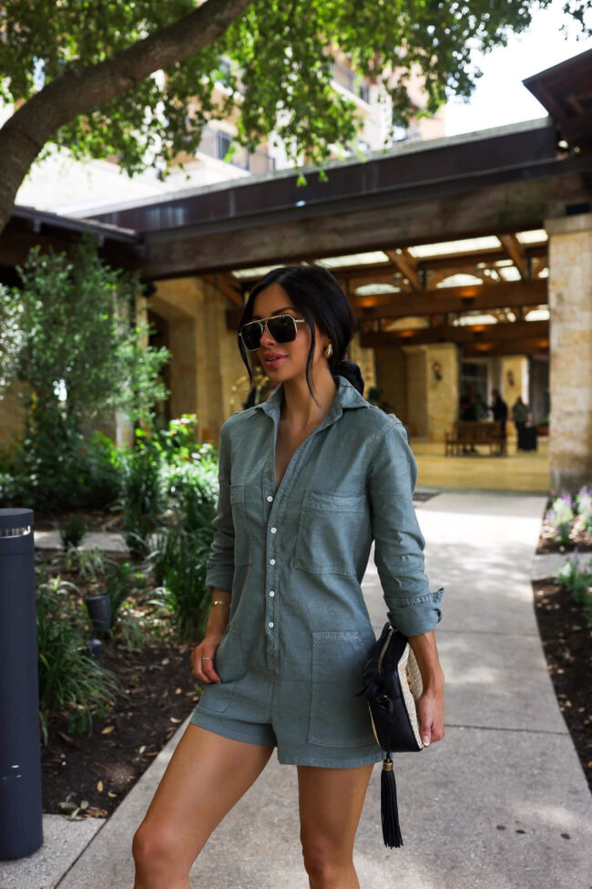 fashion blogger mia mia mine wearing a khaki playsuit for summer