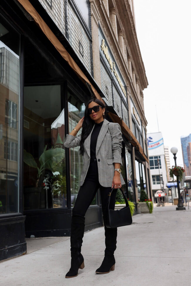 fashion blogger mia mia mine wearing a plaid blazer from walmart