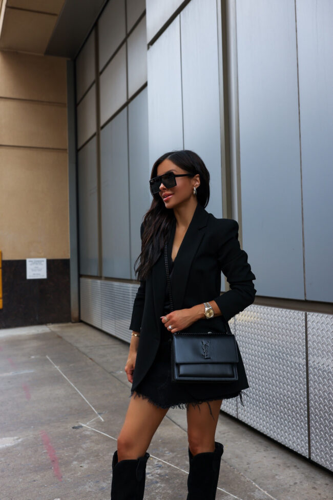 fashion blogger wearing a saint laurent sunset bag