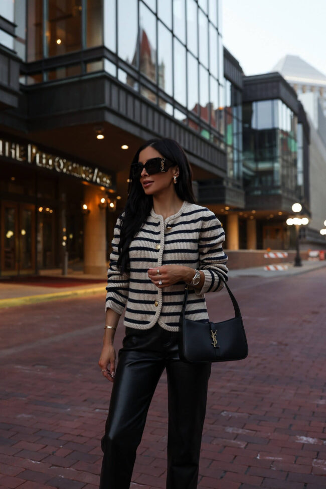fashion blogger mia mia mine wearing a striped cardigan by rag & bone