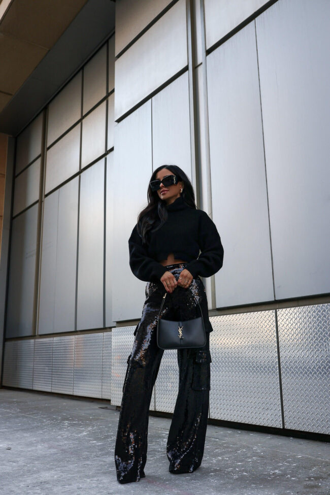 fashion blogger mia mia mine wearing sequin cargo pants by alice + olivia