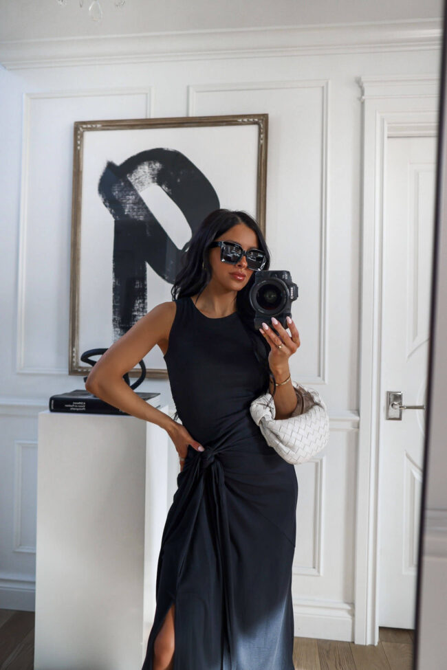 fashion blogger wearing a black dress under $25 from walmart