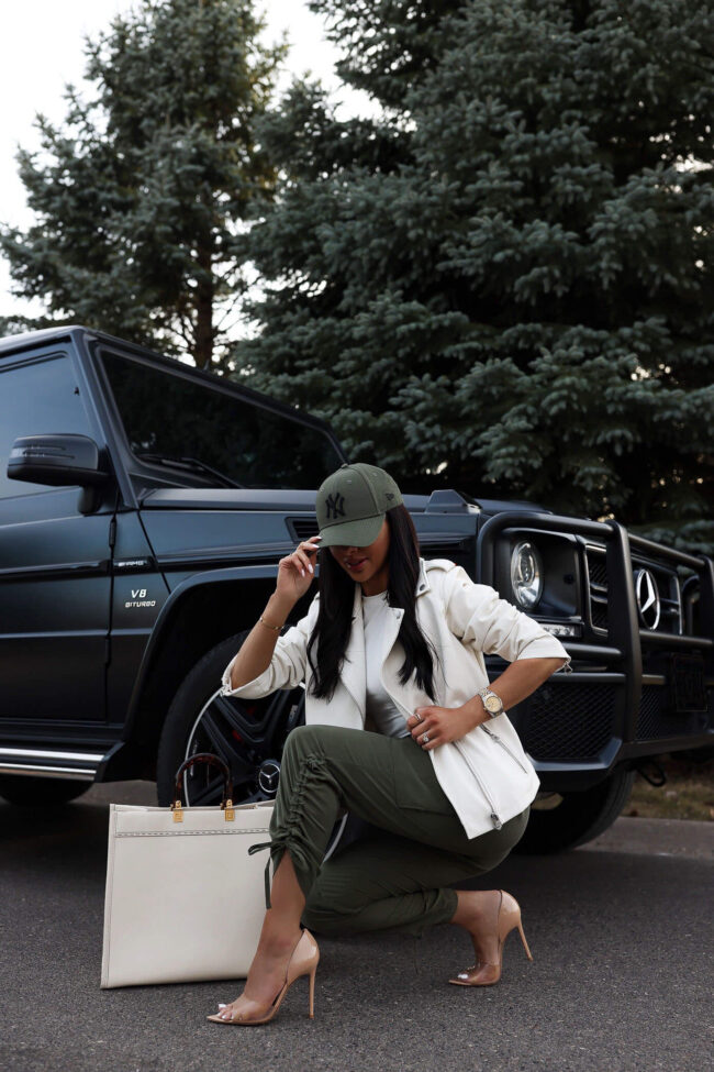 fashion blogger mia mia mine wearing green cargo jogger pants from walmart