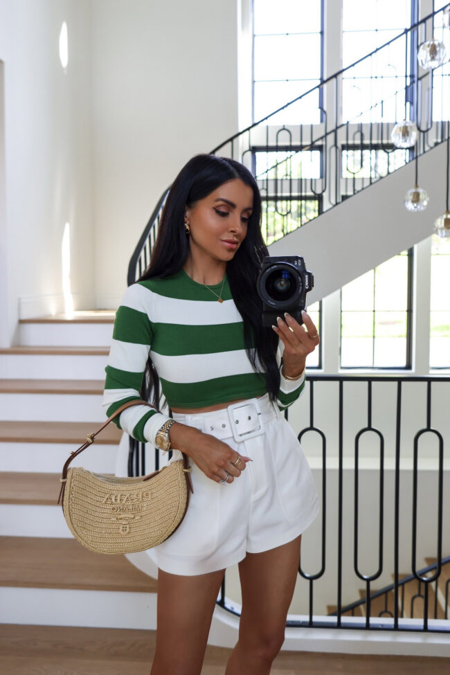 brunette fashion blogger wearing a chic summer outfit from saks