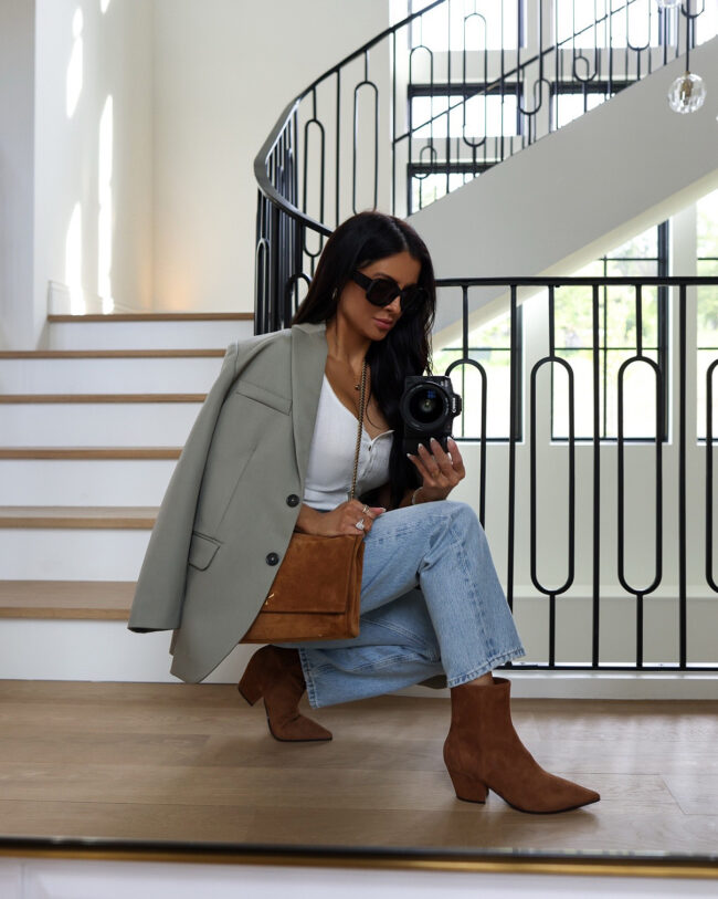 fashion blogger mia mia mine wearing marc fisher tan suede booties from the nsale