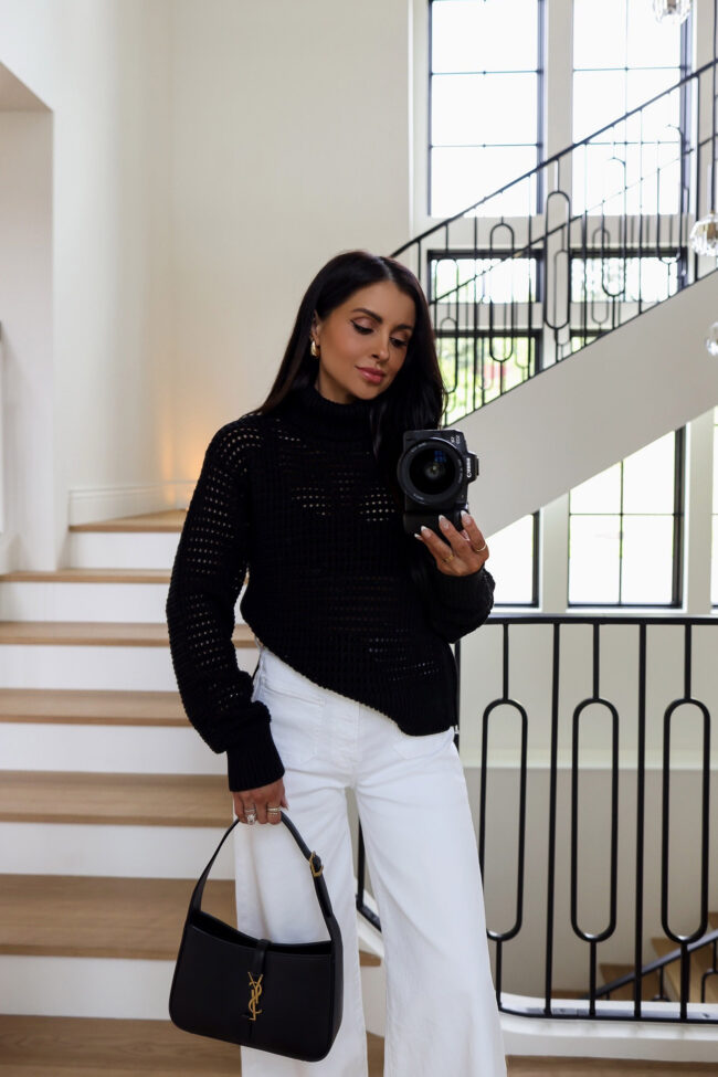 fashion blogger wearing a varley open stitch sweater from nordstrom