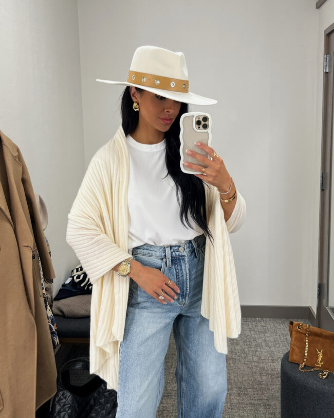 mia mia mine wearing an ivory cashmere wrap from the nsale