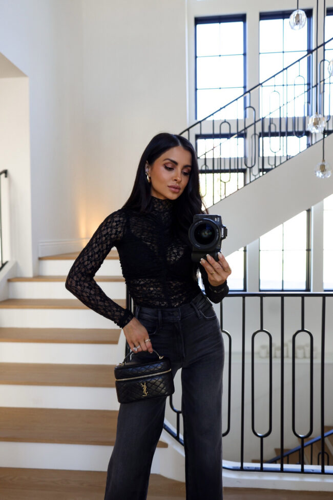 mia mia mine wearing a naked wardrobe lace bodysuit from nordstrom