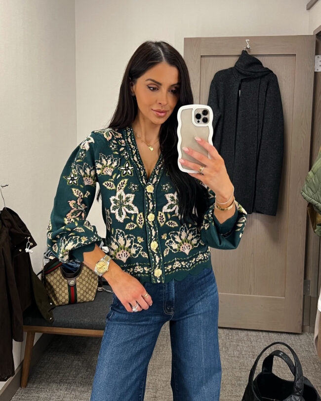 mia mia mine wearing a farm rio green floral cardigan from the nsale