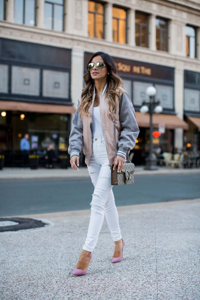 fashion blogger mia mia mine in a pink bomber jacket from asos and christian louboutin so kate pink heels