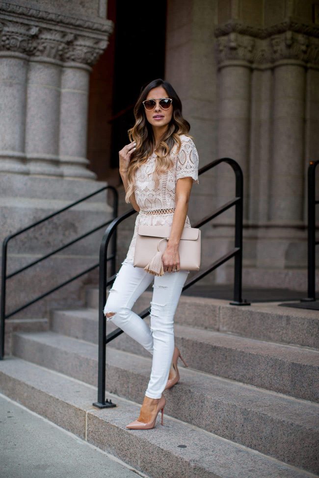 fashion blogger mia mia mine wearing a pink lace top under $100 from shopbop