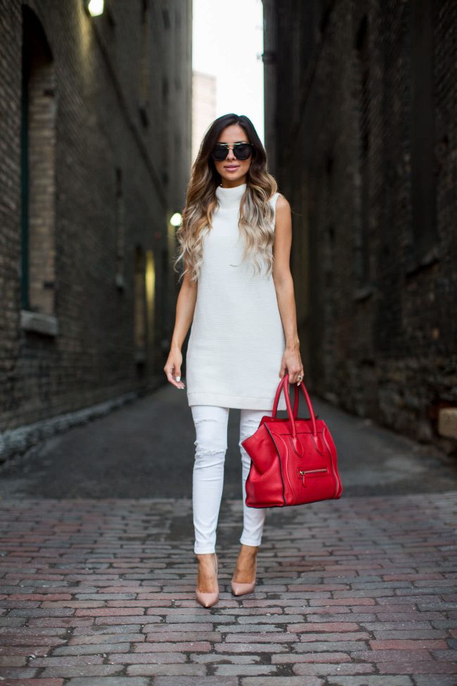 fashion blogger mia mia mine wearing a white tunic and white topshop jeans