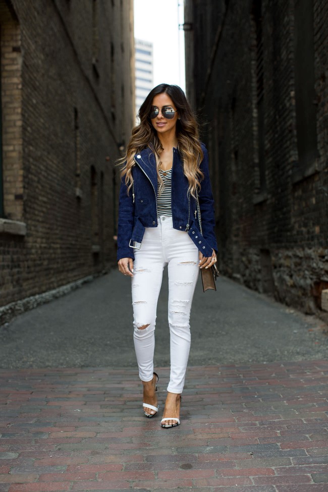 maria vizuete wearing a blue suede moto jacket from nordstrom 