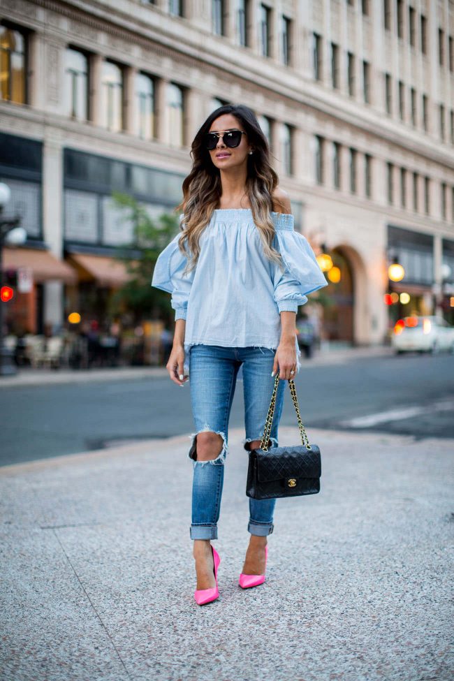 minneapolis fashion blogger mia mia mine in an off-the-shoulder chambray top and levi's jeans