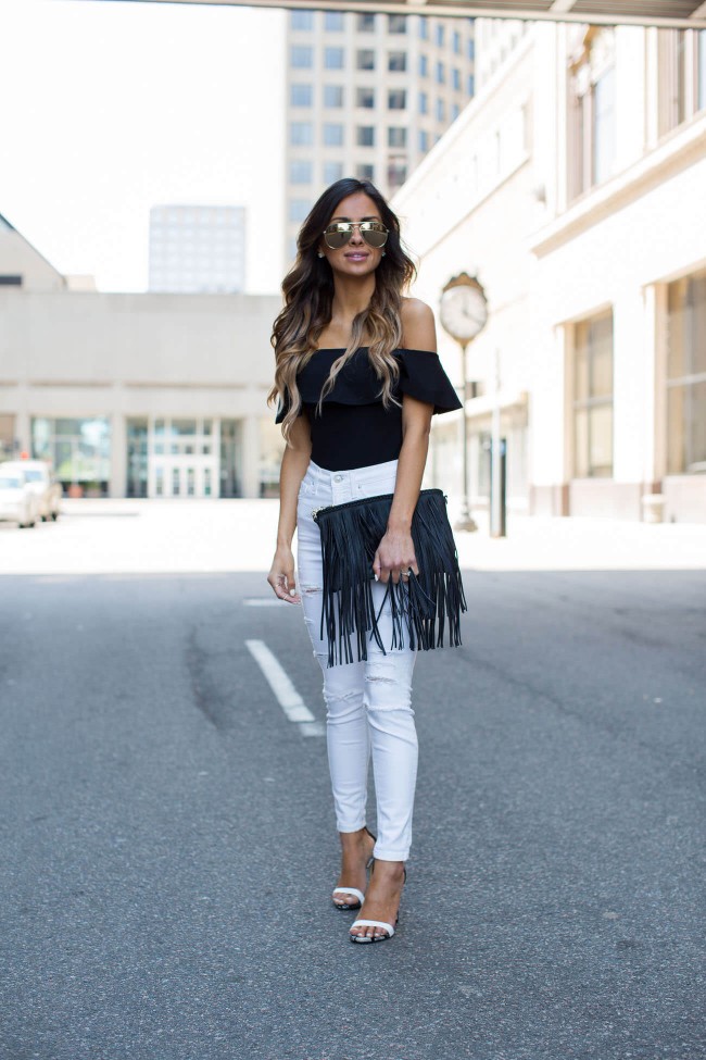 Mia Mia Mine in White Jeans and sole society fringe bag from Nordstrom