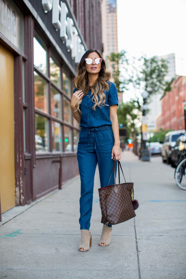 denim jumpsuit with heels