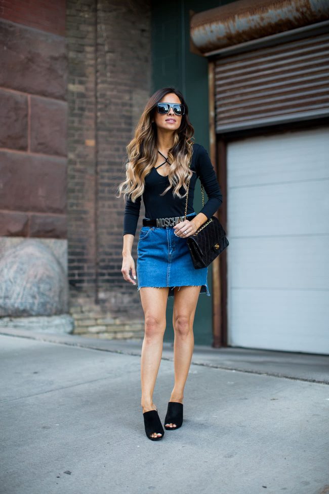 fashion blogger mia mia mine in a moschino belt and topshop denim skirt