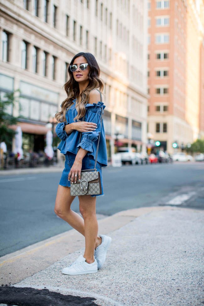 fashion blogger mia mia mine in a denim skirt from topshop and chambray off-the-shoulder top from asos