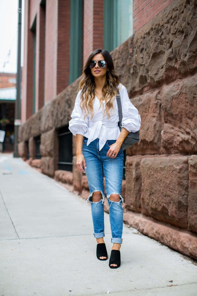 fashion blogger mia mia mine in a storets top and topshop mules