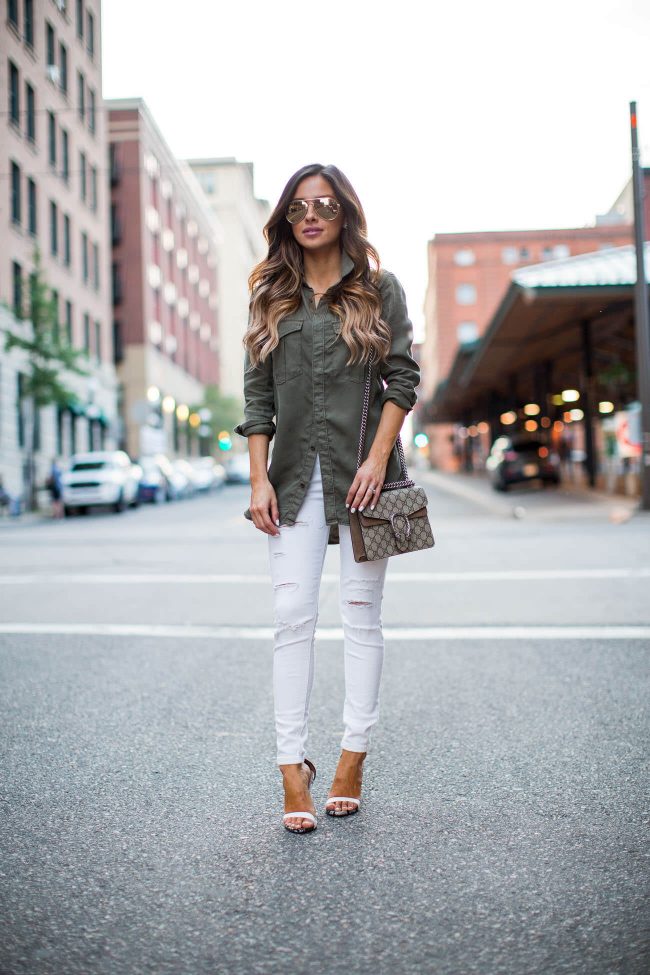 minneapolis fashion blogger mia mia mine in a green button down and white jeans