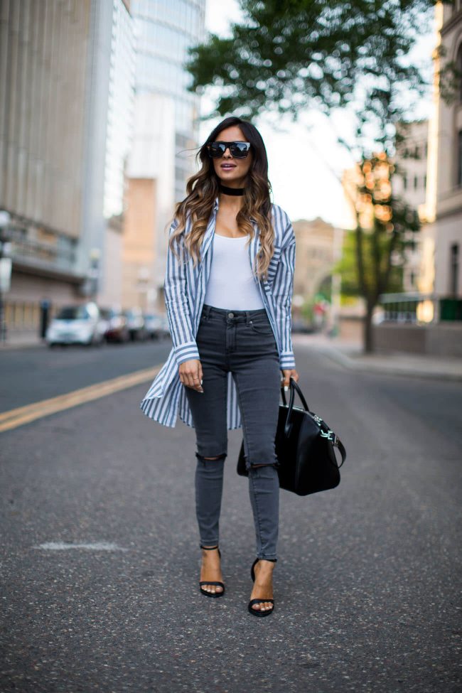 fashion blogger mia mia mine in a striped top from nordstrom and asos gray jeans
