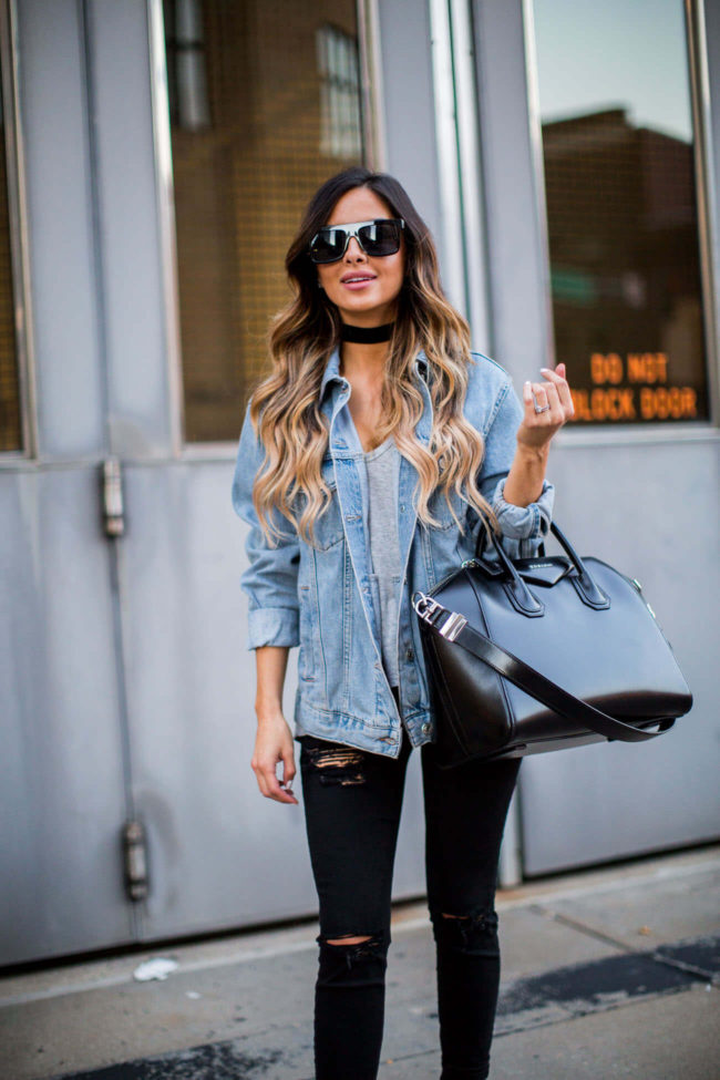 fashion blogger mia mia mine wearing a topshop jean jacket and black skinny jeans 