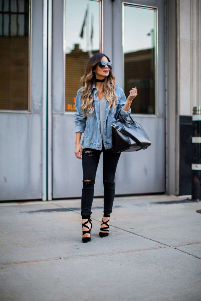 mia mia mine wearing a jean jacket by topshop and black ripped jeans