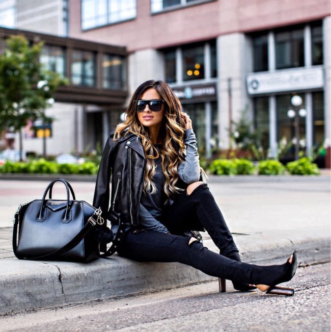 mia mia mine wearing a leather jacket by kate spade new york and public desire booties