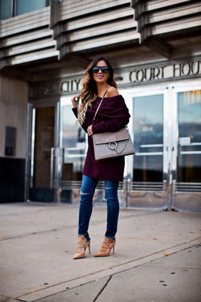 mia mia mine in a burgundy sweater from nordstrom and a chloe faye bag