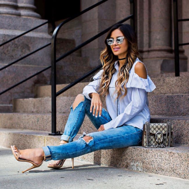 Mia mia mine wearing a striped top labor day weekend