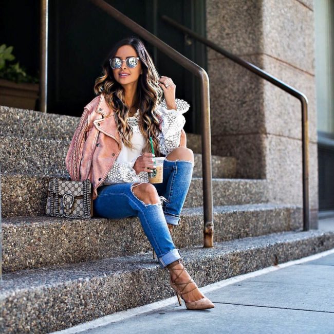 mia mia mine in a pink moto jacket