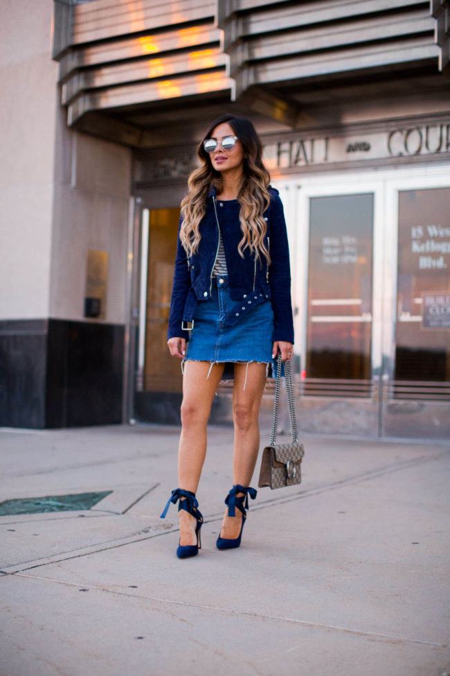 mia mia mine in a topshop denim skirt and suede blanknyc jacket
