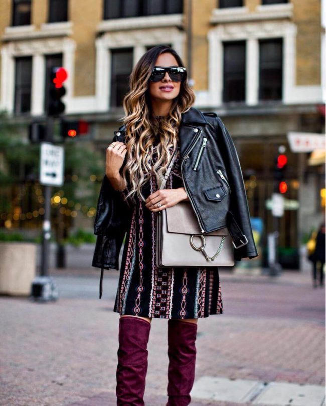 mia mia mine wearing a fall dress and over-the-knee boots