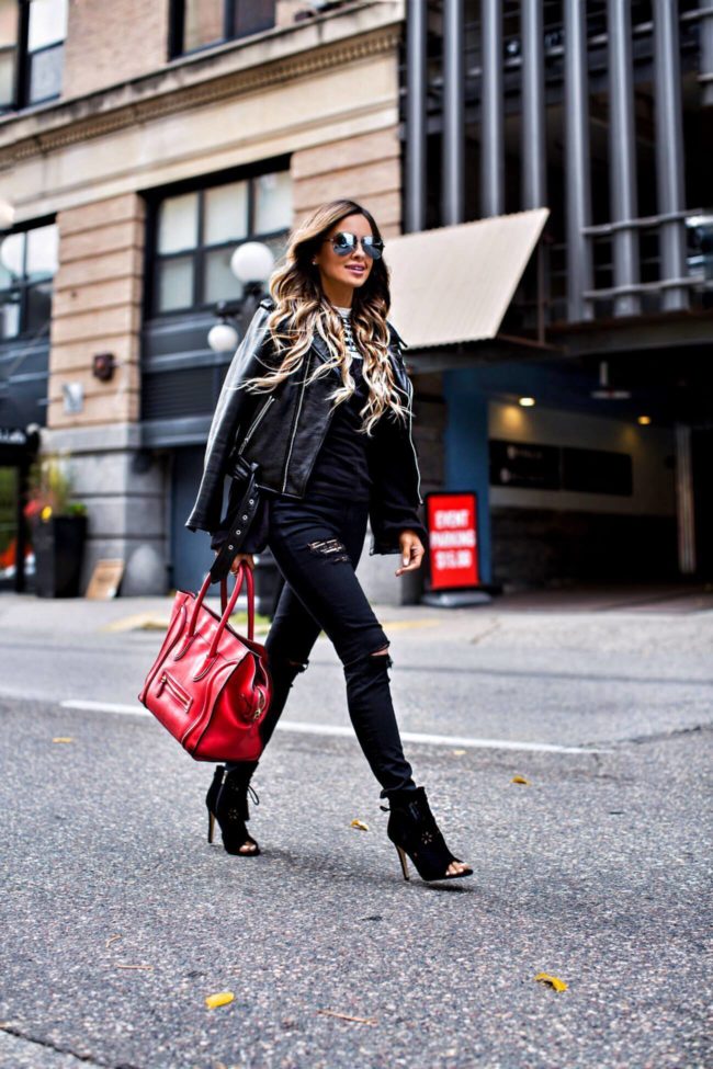 mn fashion blogger mia mia mine wearing a leather jacket and black booties from nordstrom