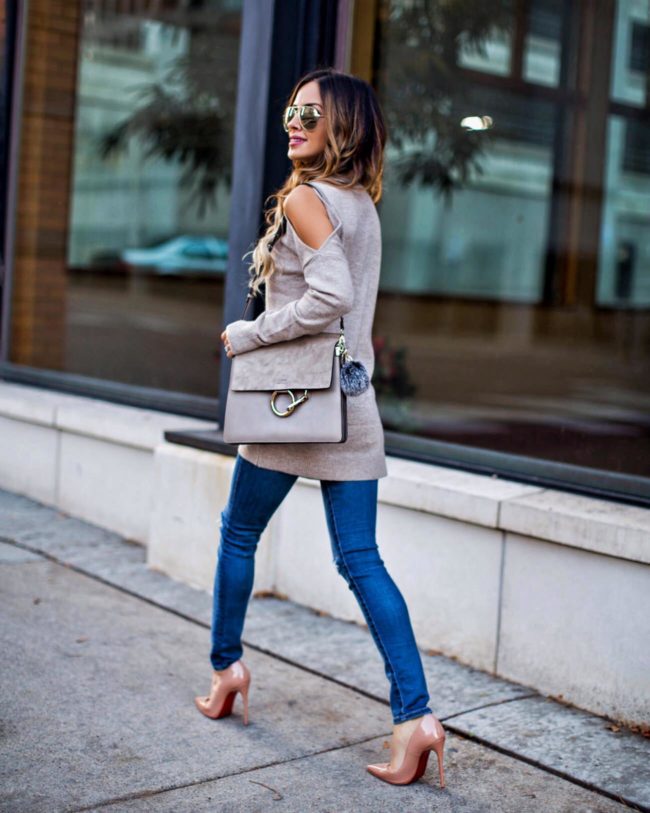 fashion blogger mia mia mine in a cold-shooulder sweater from nordstrom