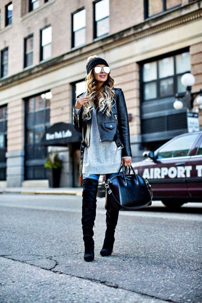 mn fashion blogger mia mia mine wearing a leather jacket and a pompom beanie from nordstrom