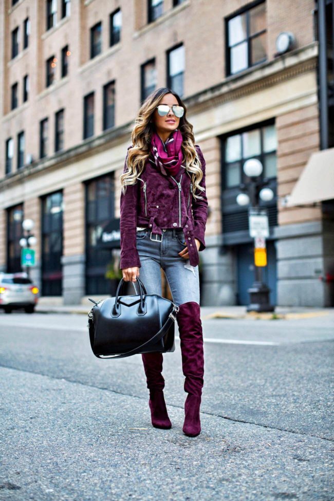 fashion blogger mia mia mine wearing over-the-knee boots and a burgundy suede jacket from nordstrom