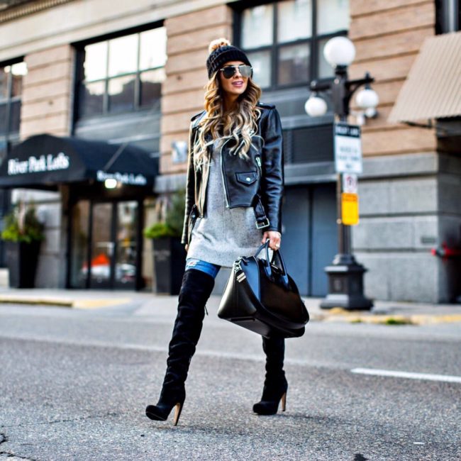 fashion blogger mia mia mine wearing black over-the-knee boots and a black beanie from nordstrom