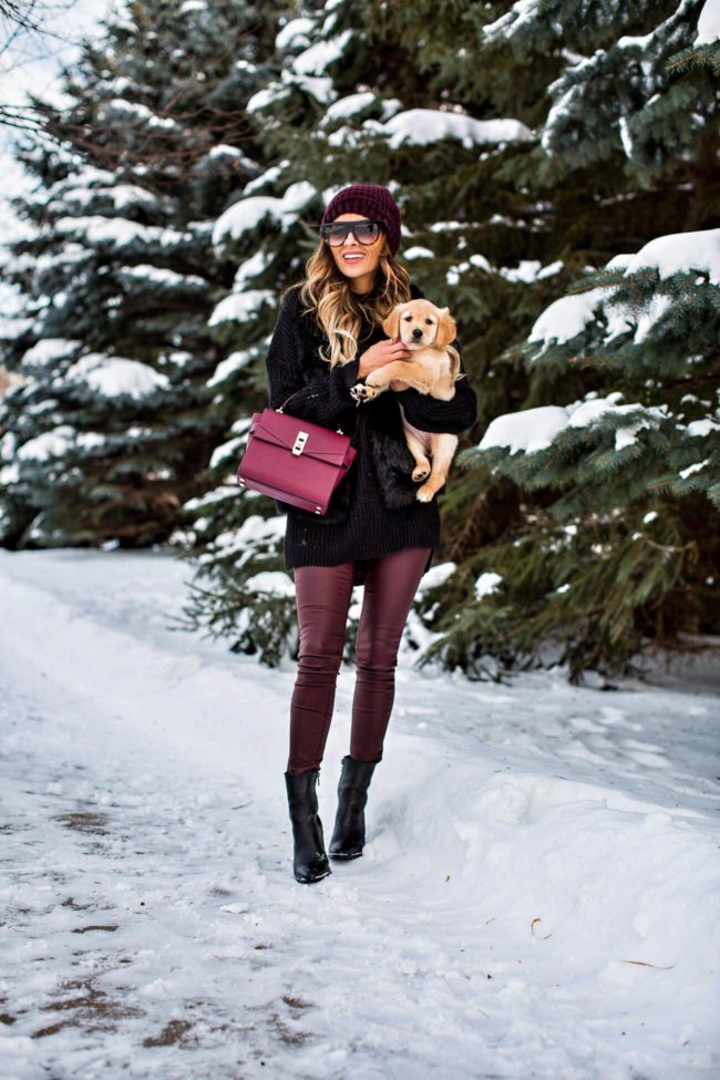 fashion blogger mia mia mine wearing a winter outfit from nordstrom and holding a golden retriever puppy