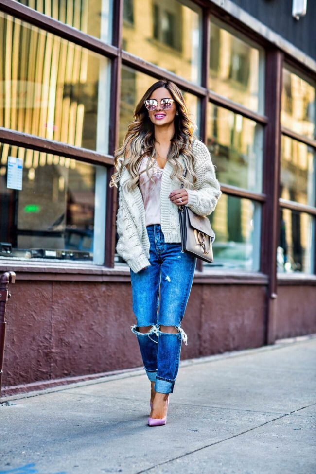 fashion blogger mia mia mine wearing pink le specs sunglasses and grlfrnd denim from revolve