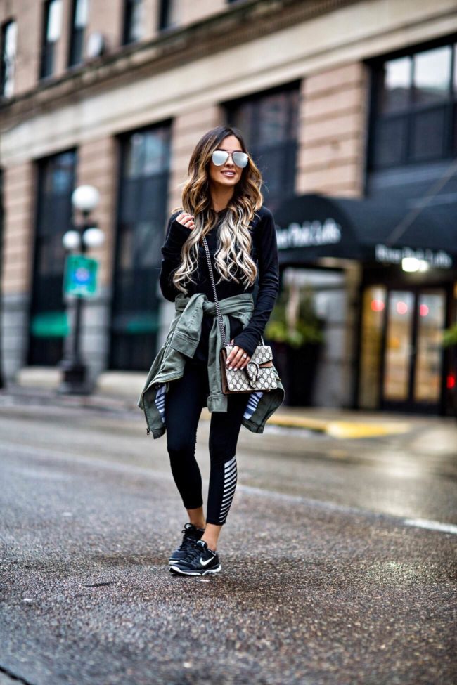 mn fashion blogger mia mia mine wearing gapfactory workout clothes and a gucci dionysus bag